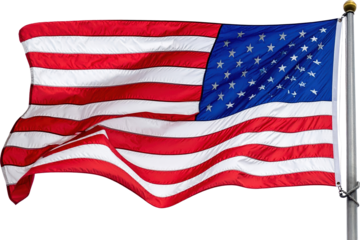 The United States of America flag featuring red and white stripes and a blue field with white stars waving on a pole