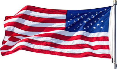 Fototapeta premium Waving American flag with stars and stripes on a flagpole Red white and blue fabric with a transparent background