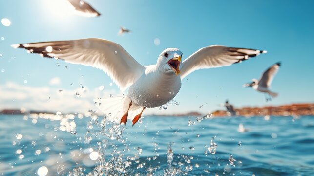 A graceful seagull soars elegantly over sparkling ocean waters, embodying freedom and nature's beauty while captivating the peaceful essence of a coastal landscape.