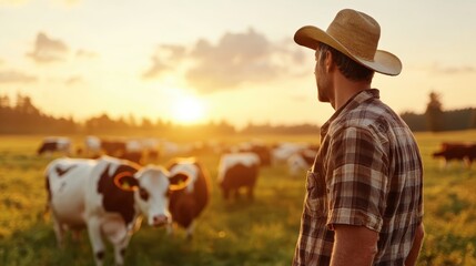 A tranquil scene of a cowboy in a straw hat observing cows grazing in a lush green field as the sun sets in the background, creating a picturesque rural atmosphere.