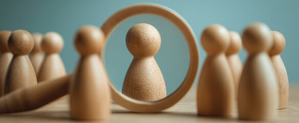 The wooden figure highlighted by a magnifying glass among its peers.