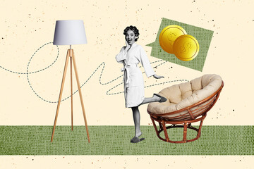 Trendy art creative full zine photo collage of happy housemaid girl stand chair lamp purchase...