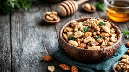 Healthy snack with nuts and honey on a rustic wooden background. 