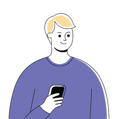 Blond man with a cell phone smiles gently, his violet sweater contrasting against the white background