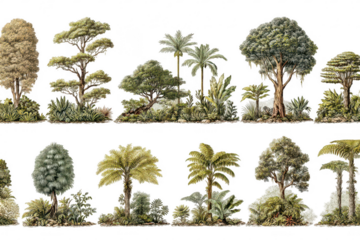 Two rows of diverse trees and foliage, muted colors