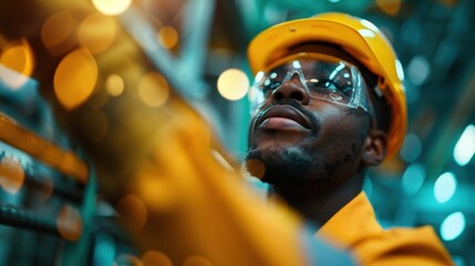 A dedicated male worker in a safety helmet and glasses concentrating on tasks at a construction site, showcasing attention to safety and professionalism in a modern workplace.