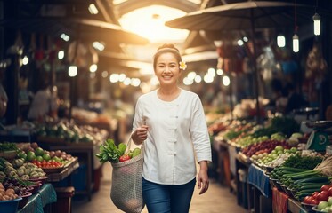 Obraz premium Fabric shopping bag held by hand, overflowing with natural fruits and vegetables in an open-air market setting, honoring International Plastic Bag Free Day.