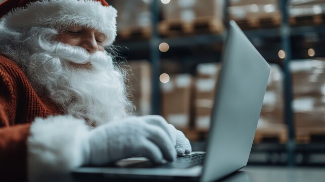 This image captures Santa Claus joyfully typing on his laptop amidst a warehouse filled with gift boxes, showing the modern twist on traditional holiday preparations.