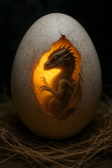 Baby Dragon Illuminated Inside Cracked Egg Shell Resting on Nest in Warm Low Light Fantasy Scene