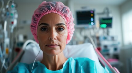A nurse clad in scrubs and a shower cap gazes directly at the camera, reflecting the seriousness and dedication of healthcare professionals in a well-equipped hospital environment.