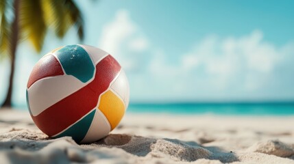 A colorful volleyball resting on sandy beach evokes feelings of fun and relaxation, perfectly capturing the essence of a carefree summer vacation by the ocean.