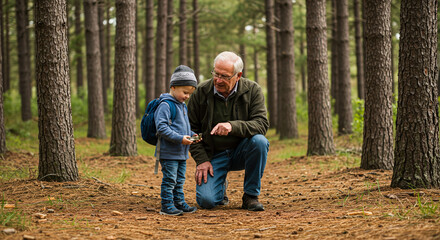 &ldquo;Grandfather Teaching Grandson How to Use a Compass in Forest&rdquo;

