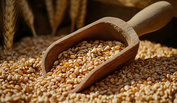 Close-Up of Ripe Wheat Kernels in Wooden Scoop Surrounded by Grain Pile and Mature Wheat Stalks in Warm Natural Light
