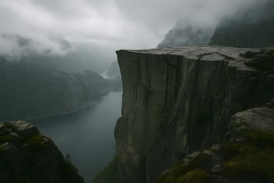 Dramatic View of Preikestolen Cliff in Norway Overlooking Fjord Valley Under Misty Overcast Sky - Powered by Adobe