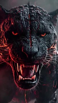 Fierce Lava Panther with Glowing Eyes and Cracked Fiery Skin Roaring in a Volcanic Atmosphere of Smoke and Heat