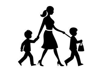 Obraz premium Single Mother Walking with Two Kids – Vector Silhouette Illustration