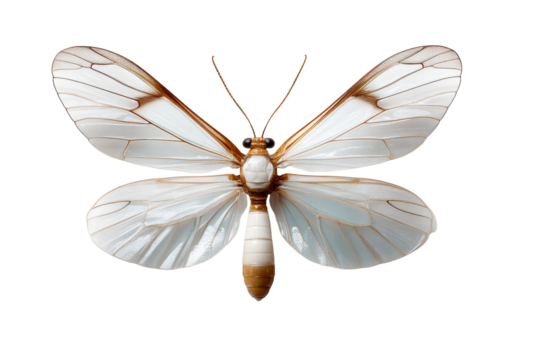Delicate white butterfly with translucent wings and brown accents