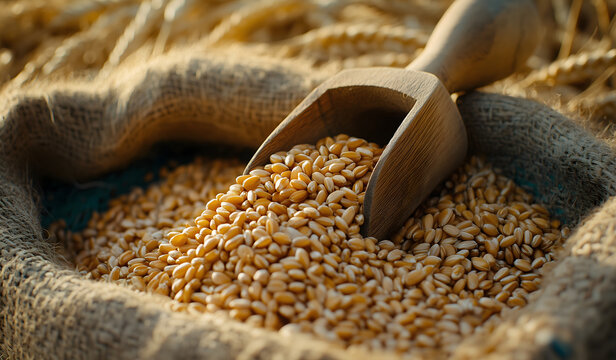 Golden Wheat Grains Pouring from Rustic Wooden Scoop into Burlap Sack on Sunlit Farm Field during Harvest Season
