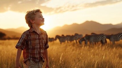 A joyful boy with a playful smile walking through a golden grassy field, with zebras grazing in the background, evoking a sense of adventure and wonder.