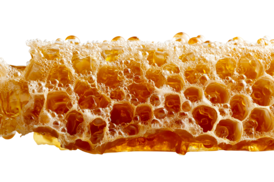 Honeycomb filled with golden honey and bubbles in close view