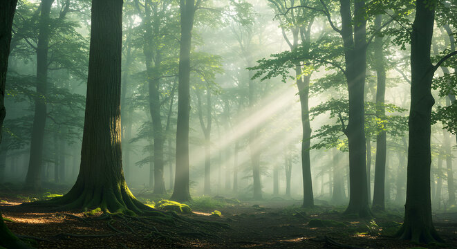 Mystical forest with sunbeams streaming through tall trees and lush green undergrowth in a serene morning atmosphere.