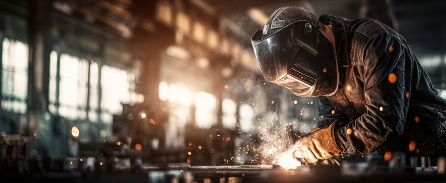 The welder carefully creates sparks in a busy industrial workshop environment.