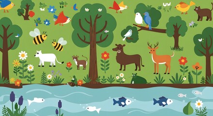 Cute cartoon Christmas deer in a snowy forest illustration with snowflakes and winter trees