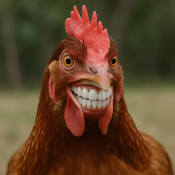 Surreal Funny Chicken with Human Teeth Smiling Close Up in Outdoor Farm Setting