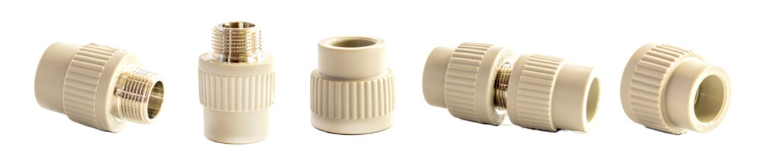 Polypropylene couplings for welding pipes on white.