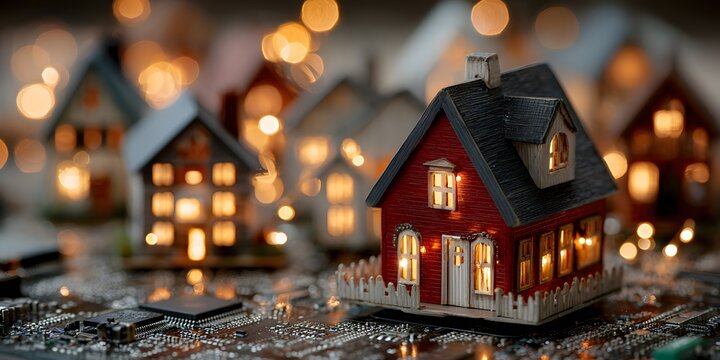 Photorealistic macro shot of a miniature red house on a detailed circuit board. The house has warmly lit windows, with glowing light trails all around.