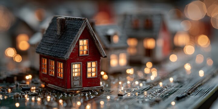 Photorealistic macro shot of a miniature red house on a detailed circuit board. The house has warmly lit windows, with glowing light trails all around.