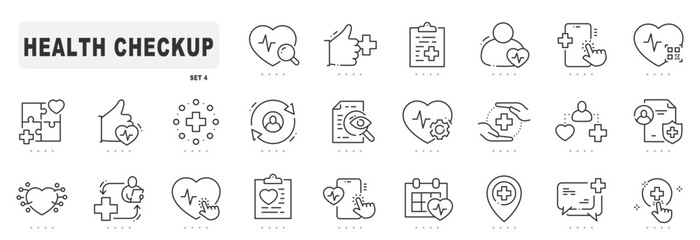Check-up related line icons. Diagnosis, treatment, doctor etc. Editable stroke