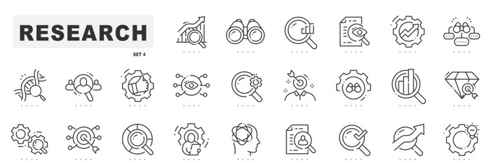 Research related line icons. Analysis, search, solution etc. Editable stroke
