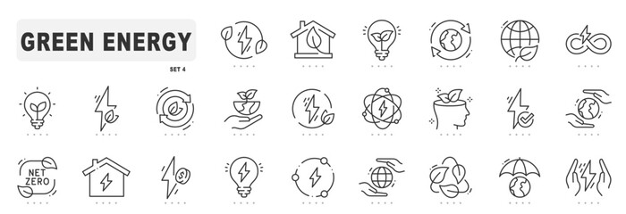 Green energy related line icons. Eco, ecology, leaf, earth etc. Editable stroke