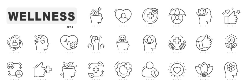Wellness, wellbeing, mental health, healthcare line icons. Editable stroke