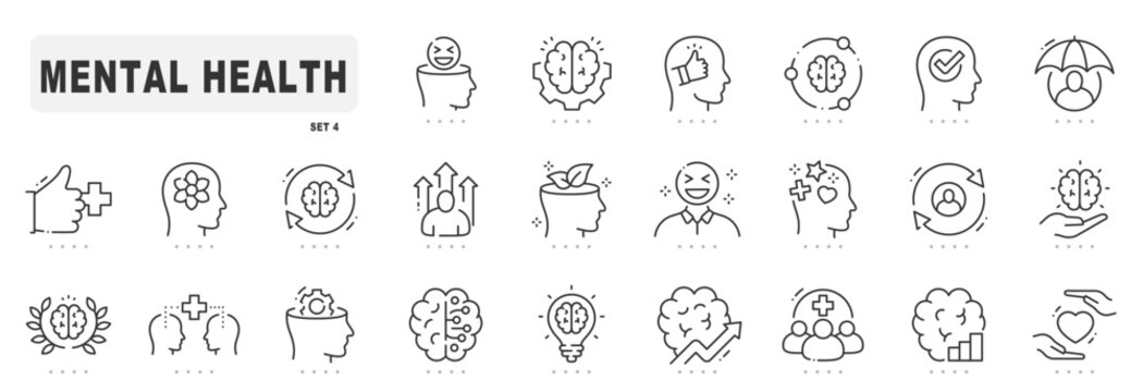 Mental health related line icons. Stress, mind, head etc. Editable stroke