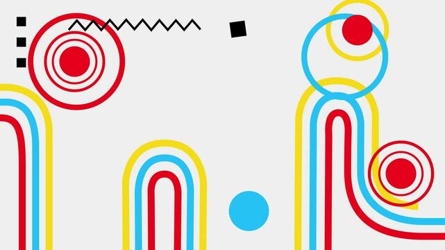 Abstract pop art geometric composition with vibrant patterns and shapes on white background. Loop 4k video background motion design