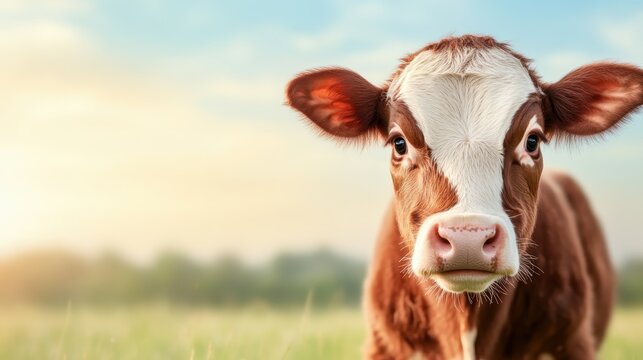 This close-up image features a curious cow gazing directly at the camera in a vibrant green pasture under a bright sky, encapsulating farm life and rural charm.