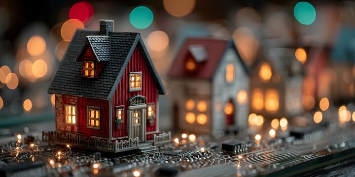 Photorealistic macro shot of a miniature red house on a detailed circuit board. The house has warmly lit windows, with glowing light trails all around.