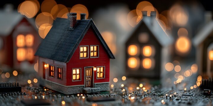 Photorealistic macro shot of a miniature red house on a detailed circuit board. The house has warmly lit windows, with glowing light trails all around.