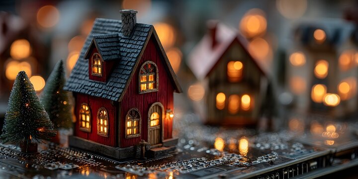 Photorealistic macro shot of a miniature red house on a detailed circuit board. The house has warmly lit windows, with glowing light trails all around.
