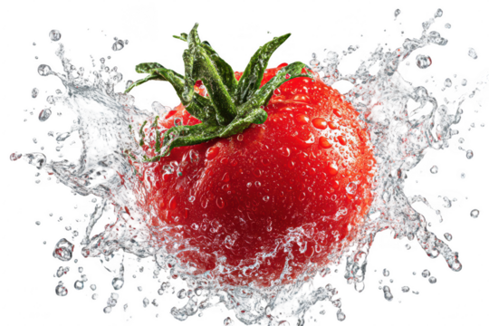 Red tomato bursts in water spray