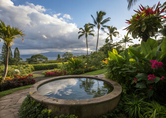 Serene Garden Oasis: a breathtaking image showcasing a tranquil garden, with vibrant vegetation and a picturesque water feature.