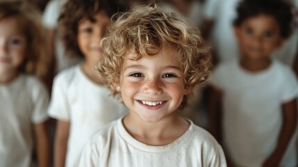 A cheerful young boy with curly hair smiles brightly, surrounded by a group of children, conveying a sense of joy and innocence in a warm, friendly atmosphere.