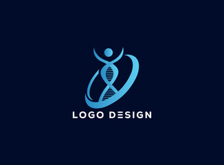 Modern DNA and human figure logo design with dynamic orbit shape in gradient blue on dark background, ideal for biotech, healthcare, wellness, or scientific brandinG