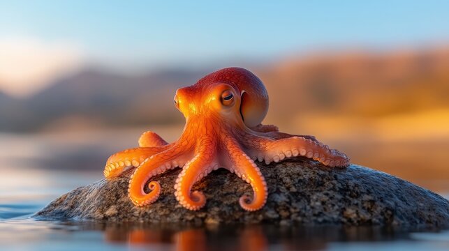 A stunning octopus rests on a rock, its vibrant colors and textures highlighted by the shimmering water, representing the beauty and mystery of ocean life and marine creatures.