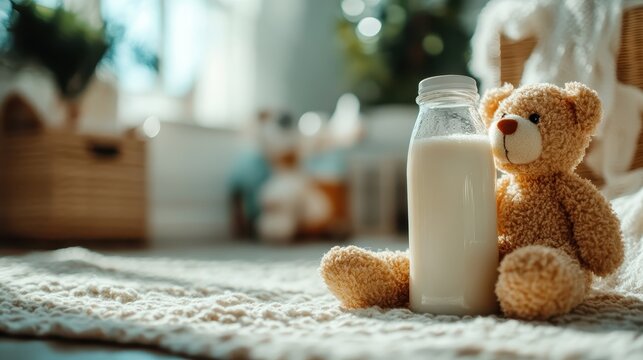 A cute teddy bear sits alongside a glass milk bottle in a warmly lit room, evoking feelings of childhood comfort, nostalgia, and innocence in a cozy home environment.