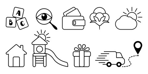 Set of isolated black line icons for infographics in single flat style. Vector outlines for online sales design. Truck, delivery, gift, wallet, money, Eye, magnifying glass, walks, fabric, pyramid