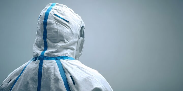 Medical worker seen from behind, wearing a white full-body hazmat suit with blue seam tape. The studio shot features a clean, light gray background.