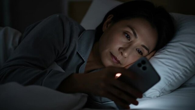 寝付けず夜更けにスマホを見つめる中年女性のイメージ